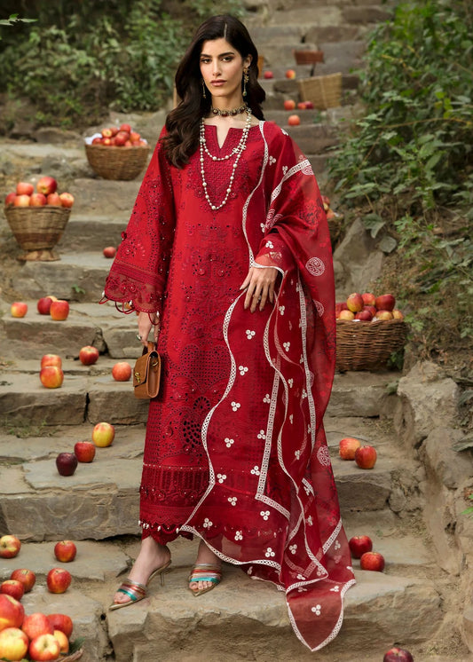Stun in this maroon embroidered lawn suit with hand-work neckline, chikan-kari panels, 3D flowers, monar dupatta, and cotton trouser.