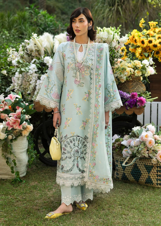 Elevate your style with this sky blue embroidered lawn suit featuring hand-work neckline, chikan-kari sleeves, net dupatta, and cotton trouser.