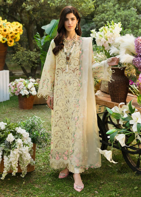 Shop this yellow embroidered lawn suit with chikan-kari sleeves, organza borders, woven net dupatta, and cotton trouser for an elegant summer look.