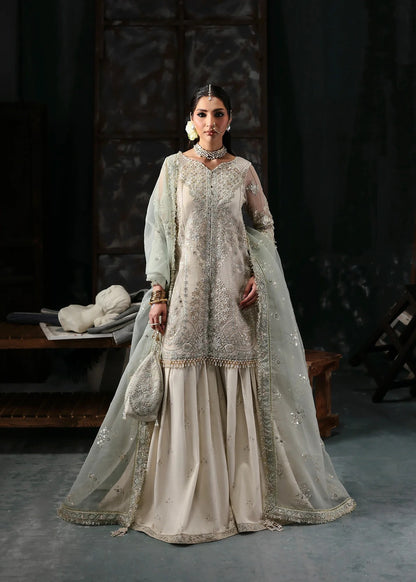 Elegant dusty white organza dress with embroidered panels, dupatta & raw silk trouser. Available stitched/unstitch with fast local & international delivery.