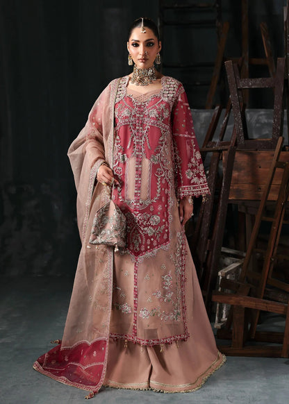 Chic rose pink organza suit with applique panels, cutwork neckline, embroidered dupatta, raw silk trouser, and elegant borders for a timeless festive look.