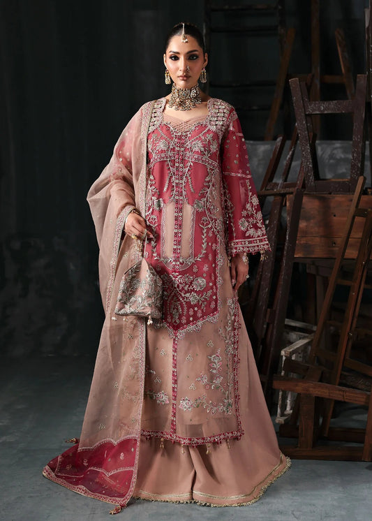 Chic rose pink organza suit with applique panels, cutwork neckline, embroidered dupatta, raw silk trouser, and elegant borders for a timeless festive look.