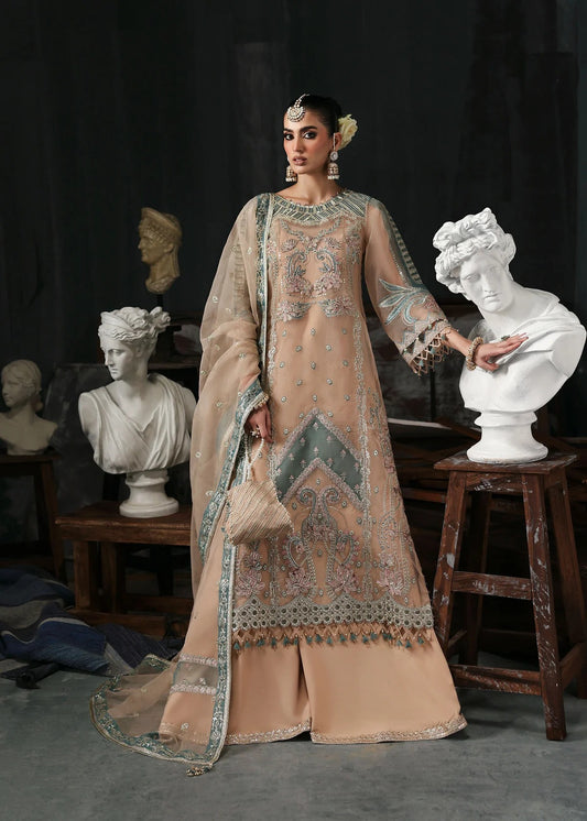 Elegant pale pink organza suit with dori work panels, applique neckline, embroidered dupatta, and raw silk trouser — perfect for festive occasions.