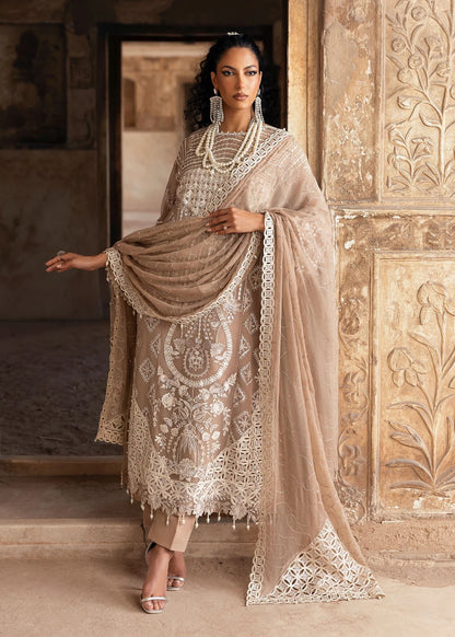 Exquisite chiffon suit with luxury hand embellishment, cutwork organza borders, embroidered dupatta, and raw silk trouser — ideal for weddings & parties.