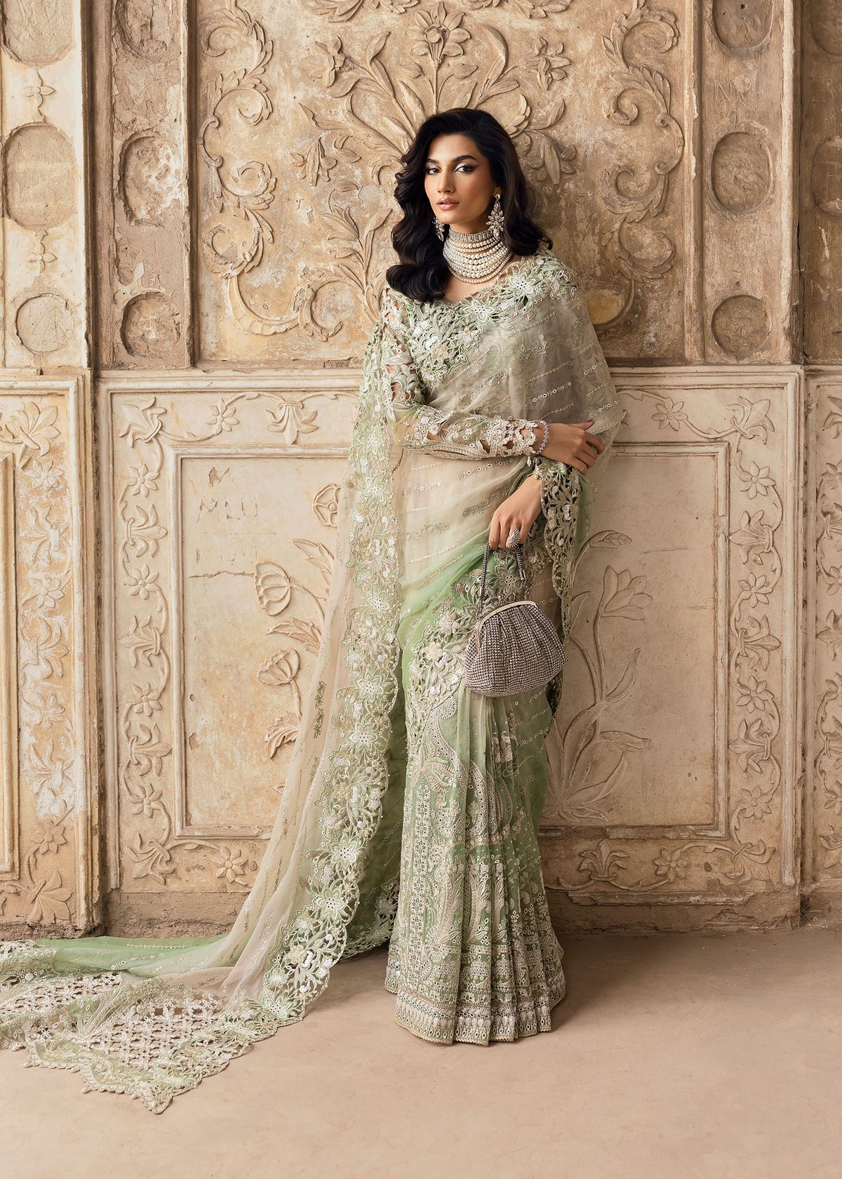 Stunning chiffon saree with gradient embroidery, diamante detailing, cutwork organza blouse with 3D flowers, and raw silk petticoat — perfect for weddings.