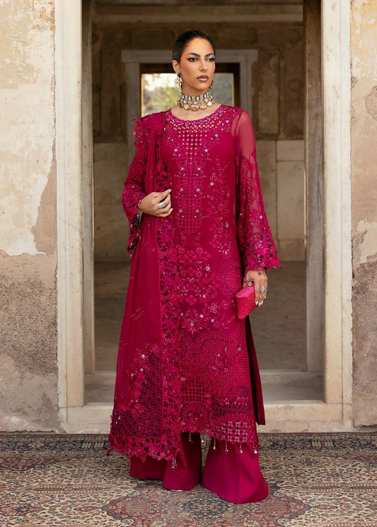 Elegant chiffon suit with hand-embellished neckline, cutwork borders, diamante dupatta with organza motifs, and raw silk trouser — ideal for festive wear.