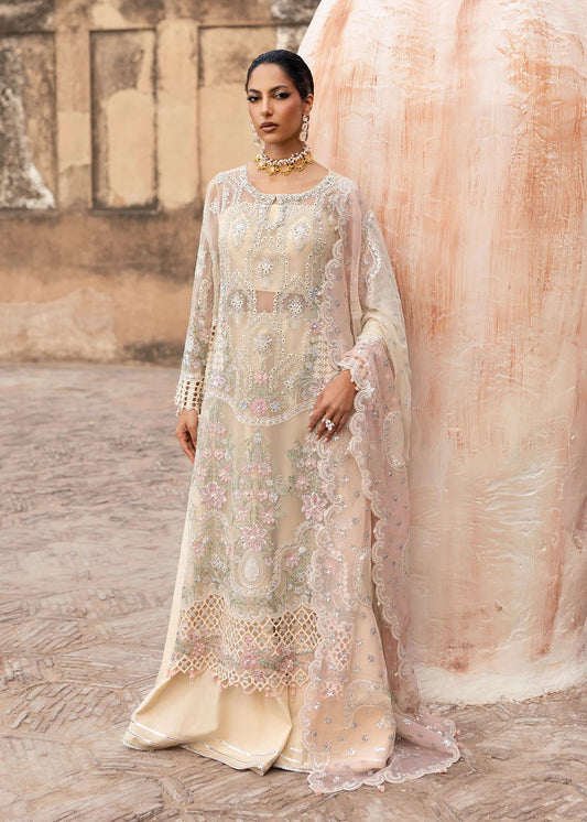 Elegant chiffon embroidered suit with hand embellishment, cutwork borders, diamante & mukesh dupatta, and raw silk trouser perfect for festive wear.