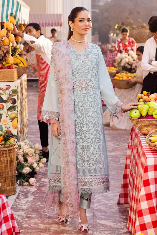 Elegant embroidered lawn suit with handwork neckline, chikan-kari panels, organza borders, woven net digital print dupatta, and cotton trouser.