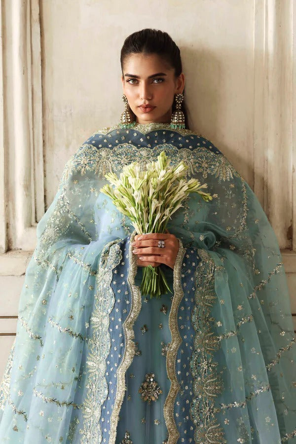 An elegant net dress with hand-embellished panels, sleeves, and blouse. Paired with an embroidered organza dupatta and raw silk inner for a timeless look.