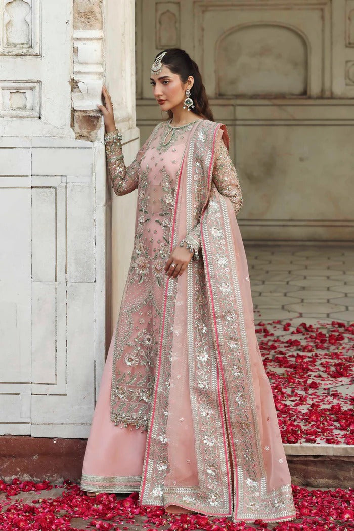 Elegant organza outfit with hand-embellished panels, embroidered sleeves, dupatta, and raw silk trouser. A perfect blend of grace and luxury.
