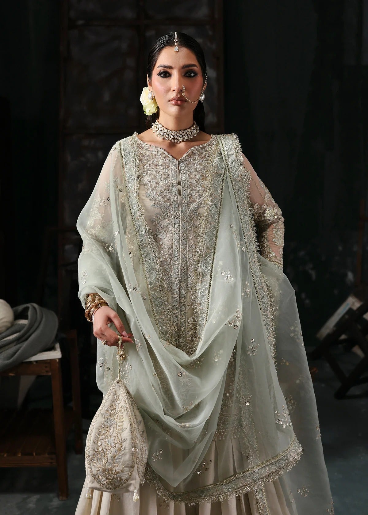 Elegant dusty white organza dress with embroidered panels, dupatta & raw silk trouser. Available stitched/unstitch with fast local & international delivery.