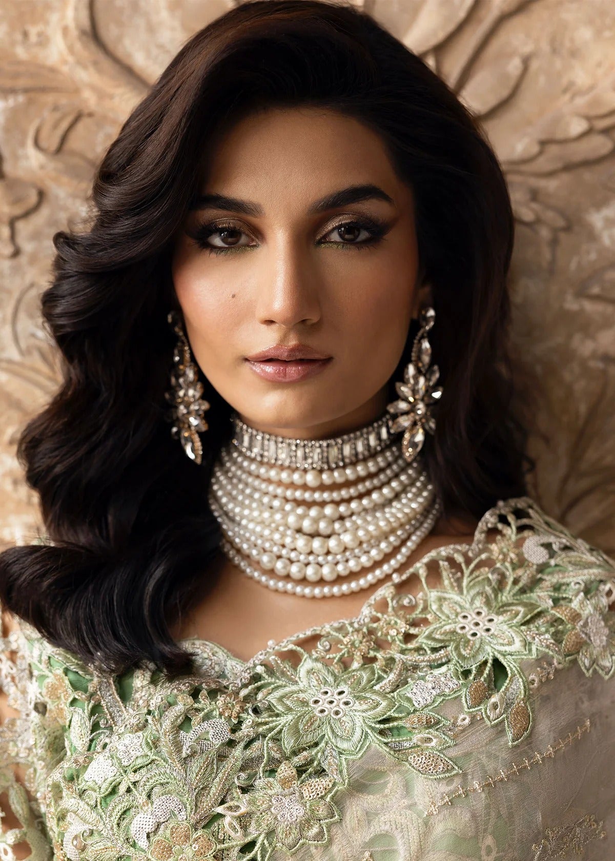 Stunning chiffon saree with gradient embroidery, diamante detailing, cutwork organza blouse with 3D flowers, and raw silk petticoat — perfect for weddings.