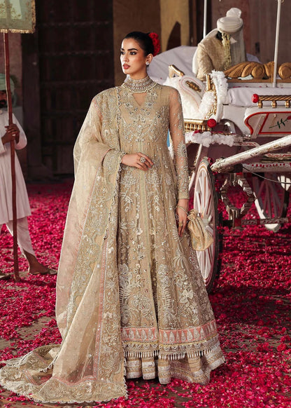 Elegant skin-golden formal outfit featuring hand-embroidered organza shirt, embellished dupatta with 4-side border, and raw silk trouser for a timeless look.