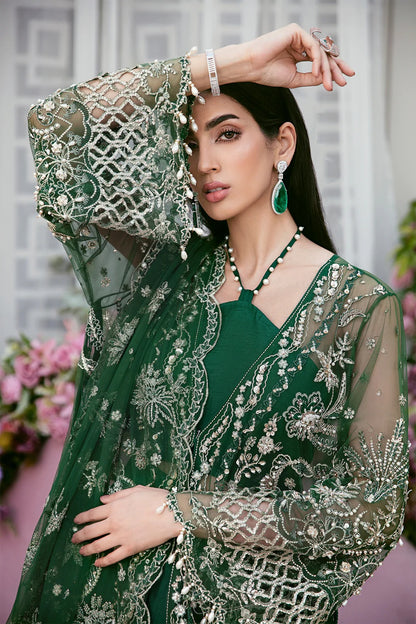 Luxury poly net embroidered suit with hand-embellished panels, cutwork sleeves, organza borders, embroidered dupatta, and raw silk trouser fabric.