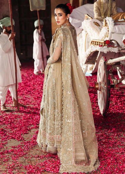 Elegant skin-golden formal outfit featuring hand-embroidered organza shirt, embellished dupatta with 4-side border, and raw silk trouser for a timeless look.
