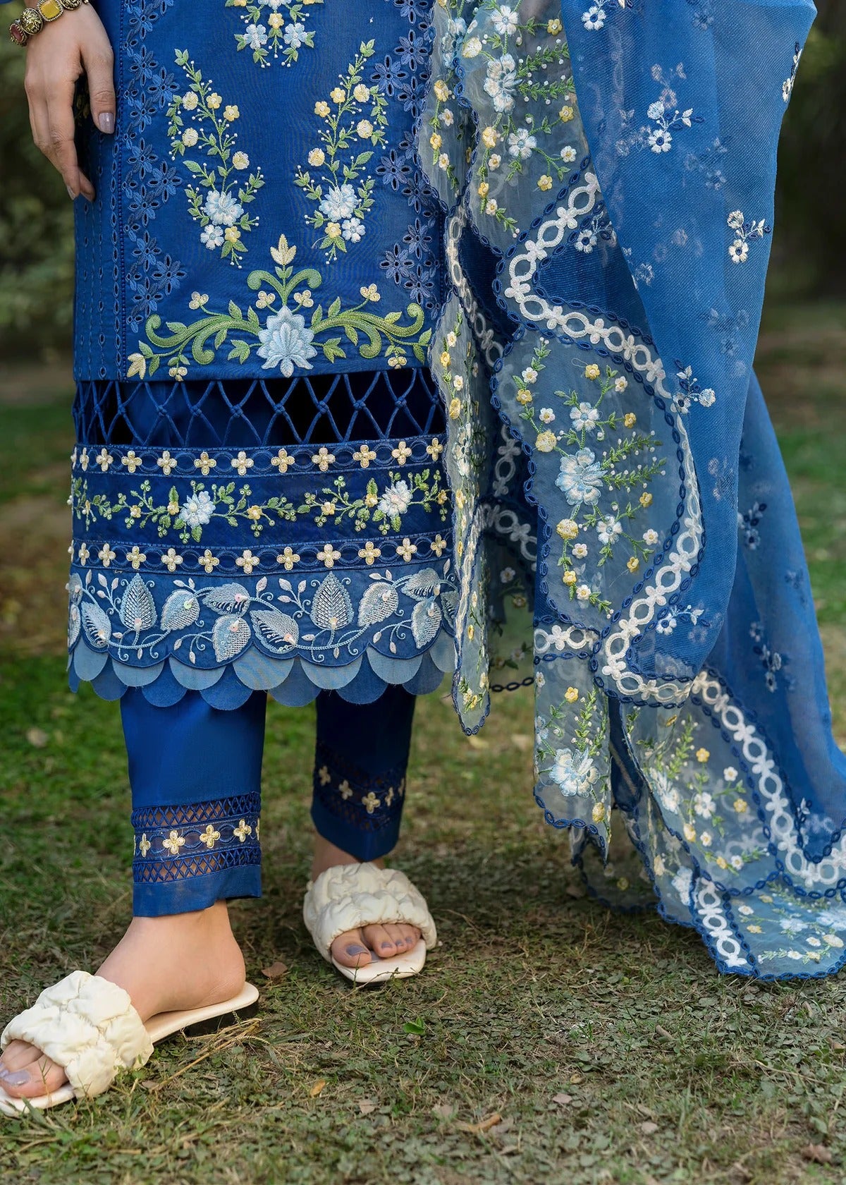 Step into elegance with this blue embroidered lawn suit featuring chikan-kari panels, hand-work neckline, net dupatta, and cotton trouser.