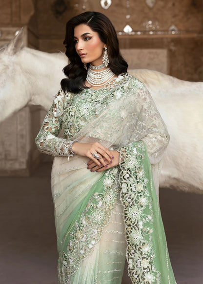 Stunning chiffon saree with gradient embroidery, diamante detailing, cutwork organza blouse with 3D flowers, and raw silk petticoat — perfect for weddings.