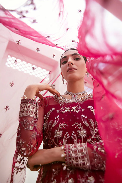 Graceful organza and poly net embroidered suit featuring hand-embellished bodice, cutwork panels, organza borders, dupatta, and raw silk trouser fabric.