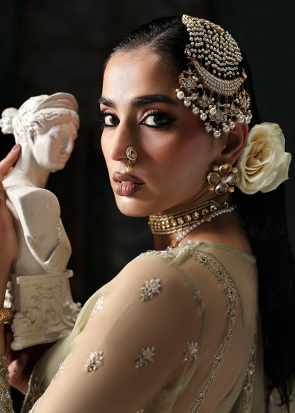 Graceful olive green organza suit with dori work, cutwork neckline, embroidered dupatta, and raw silk trouser a perfect choice for festive elegance.