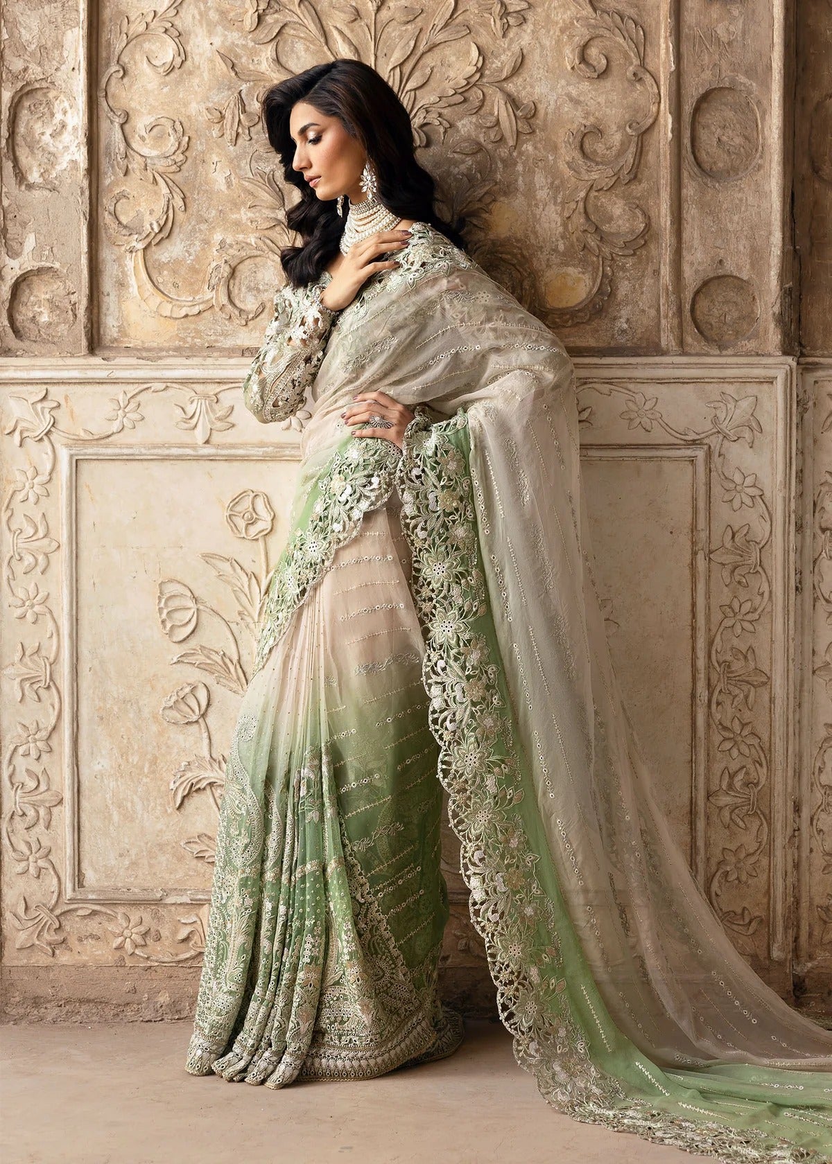 Stunning chiffon saree with gradient embroidery, diamante detailing, cutwork organza blouse with 3D flowers, and raw silk petticoat — perfect for weddings.