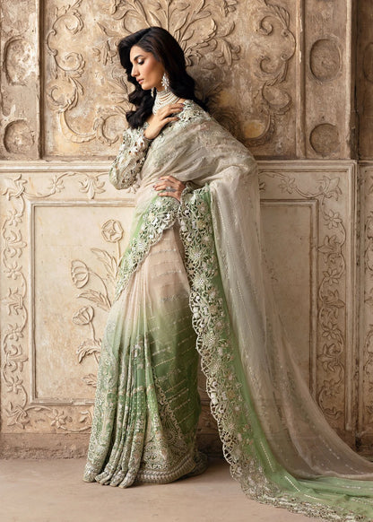 Stunning chiffon saree with gradient embroidery, diamante detailing, cutwork organza blouse with 3D flowers, and raw silk petticoat — perfect for weddings.
