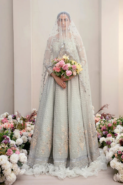 Elegant organza embroidered suit with hand-embellished bodice, cutwork panels, detailed borders, dupatta, and premium raw silk trouser fabric.