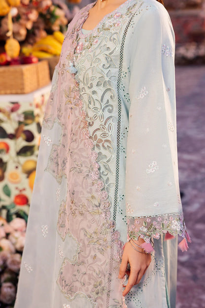 Elegant embroidered lawn suit with handwork neckline, chikan-kari panels, organza borders, woven net digital print dupatta, and cotton trouser.