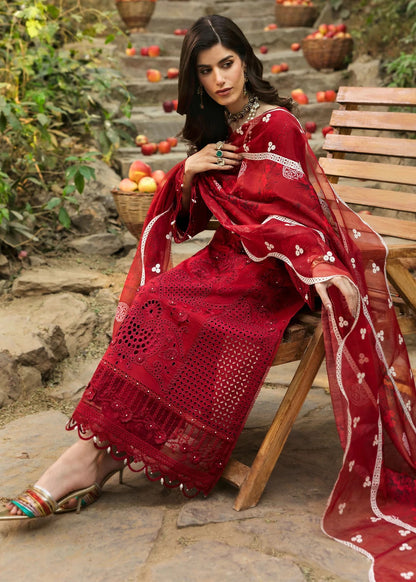 Stun in this maroon embroidered lawn suit with hand-work neckline, chikan-kari panels, 3D flowers, monar dupatta, and cotton trouser.