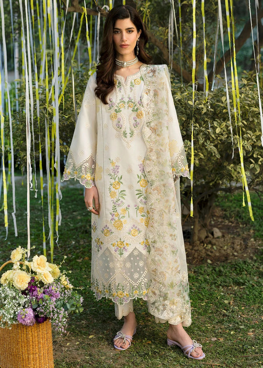 Look elegant in this ivory embroidered lawn suit with chikan-kari panels, hand-work neckline, woven net dupatta, and cotton trouser for a timeless style.