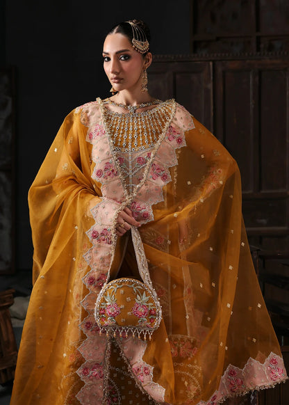 Chic mustard organza suit with applique front, embroidered neckline, dupatta with 4-side border, and raw silk trouser — perfect for festive wear.