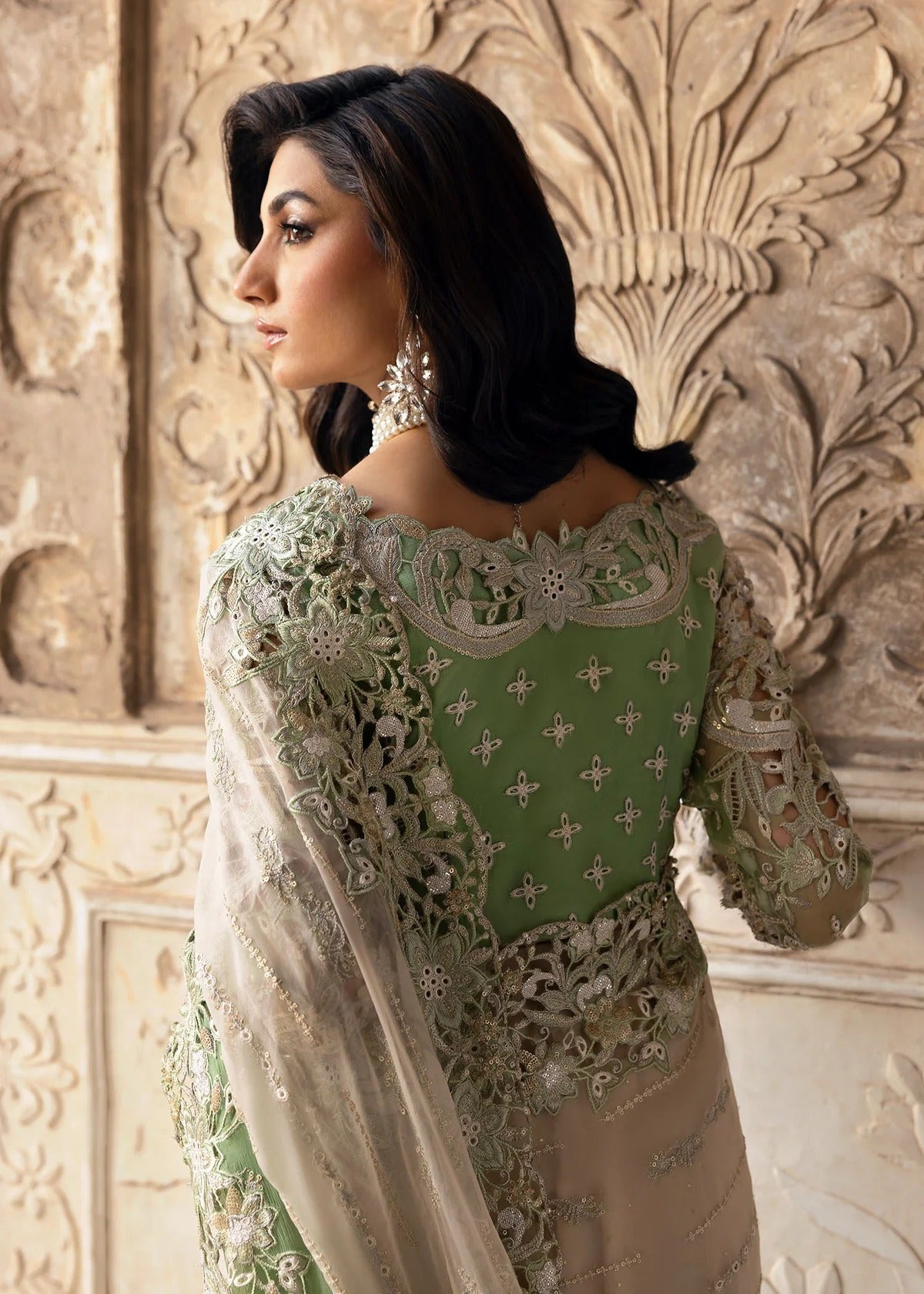 Stunning chiffon saree with gradient embroidery, diamante detailing, cutwork organza blouse with 3D flowers, and raw silk petticoat — perfect for weddings.