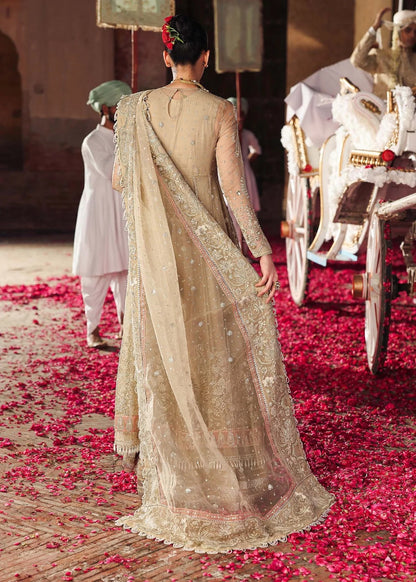 Elegant skin-golden formal outfit featuring hand-embroidered organza shirt, embellished dupatta with 4-side border, and raw silk trouser for a timeless look.