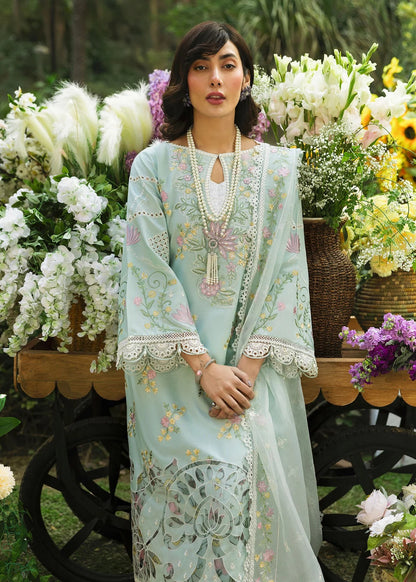 Elevate your style with this sky blue embroidered lawn suit featuring hand-work neckline, chikan-kari sleeves, net dupatta, and cotton trouser.