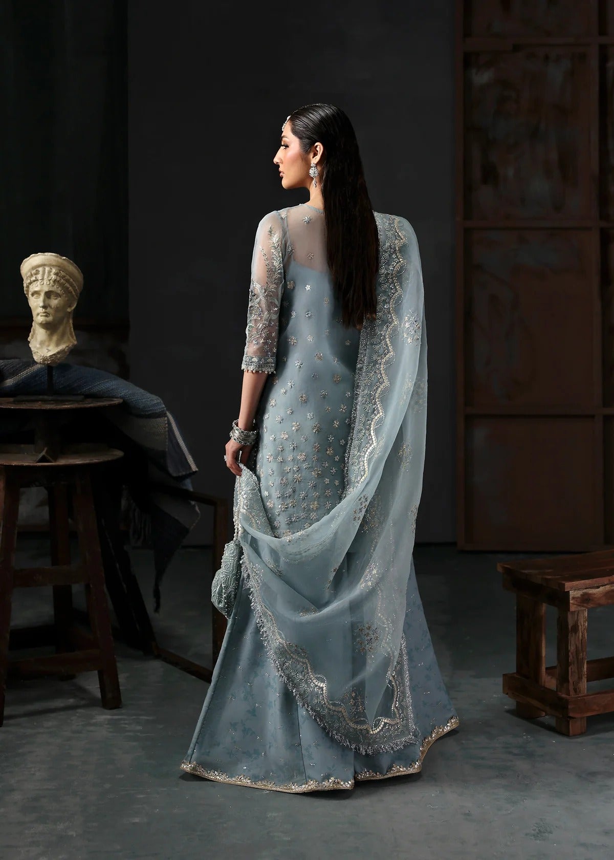 Chic ice blue organza dress with embroidered panels, dupatta & raw silk trouser. Available stitched/unstitch with custom sizing & worldwide delivery.