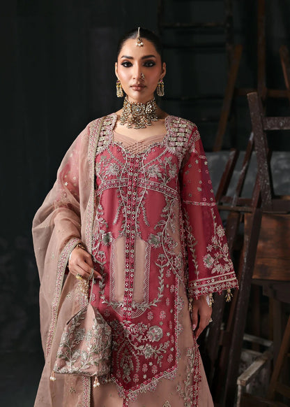 Chic rose pink organza suit with applique panels, cutwork neckline, embroidered dupatta, raw silk trouser, and elegant borders for a timeless festive look.