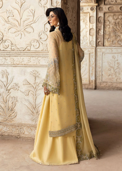 Graceful chiffon suit featuring luxury hand embellishment, cutwork organza borders, diamante & mukesh dupatta, paired with raw silk trouser.