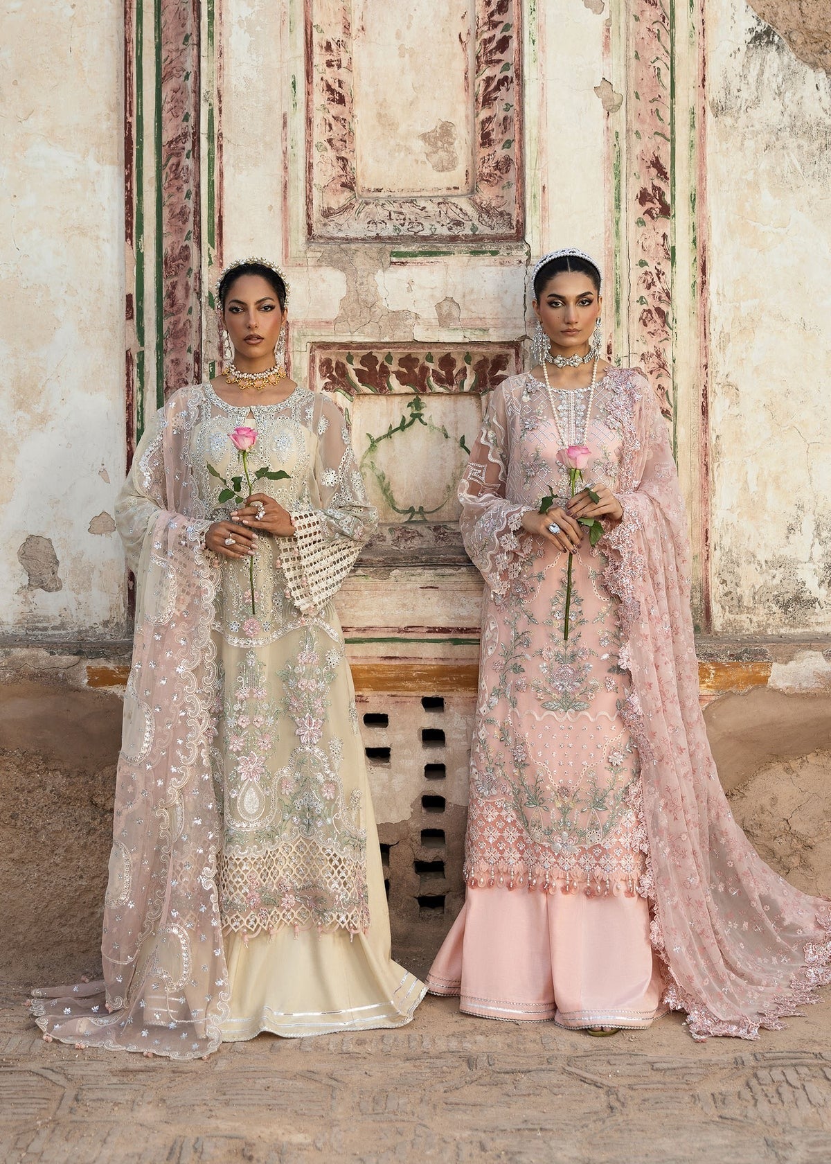 Luxury chiffon suit with 3D embellished front, organza cutwork borders, embroidered chiffon dupatta, and raw silk trouser — perfect for weddings & parties.