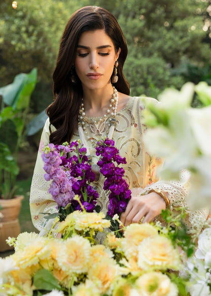 Shop this yellow embroidered lawn suit with chikan-kari sleeves, organza borders, woven net dupatta, and cotton trouser for an elegant summer look.