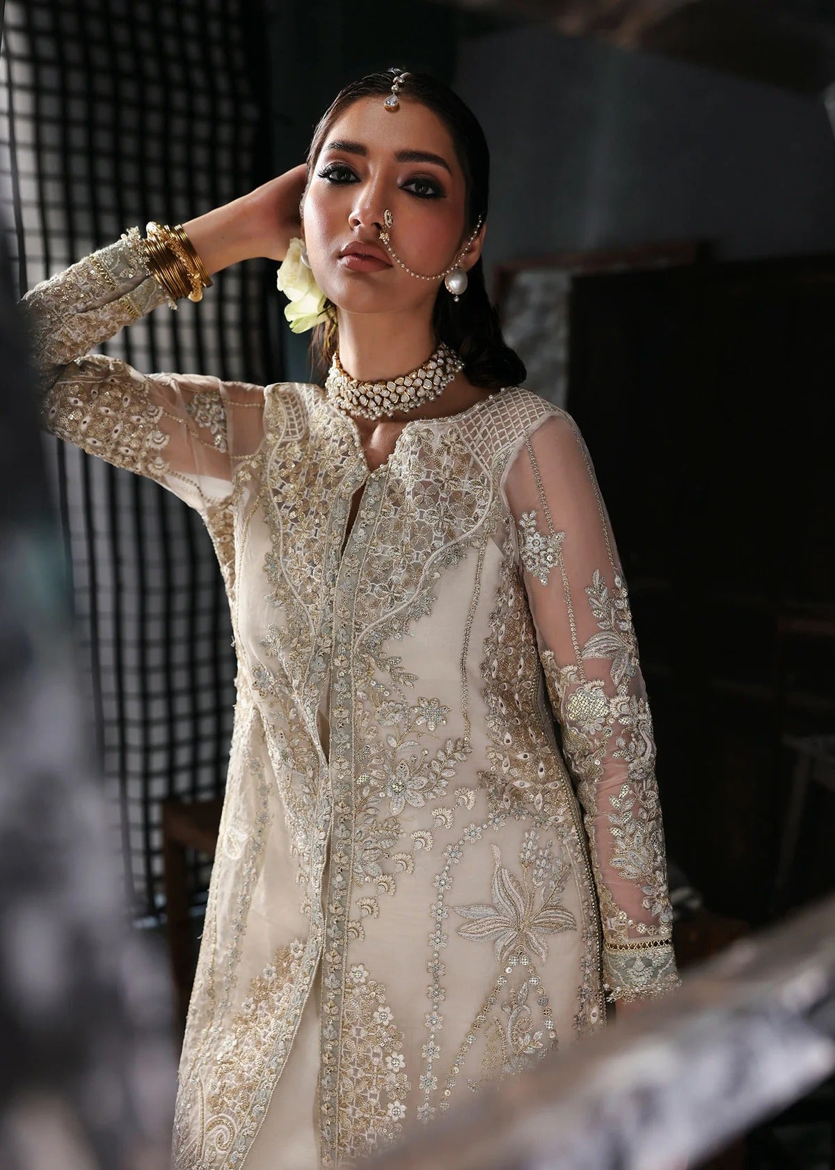 Elegant dusty white organza dress with embroidered panels, dupatta & raw silk trouser. Available stitched/unstitch with fast local & international delivery.