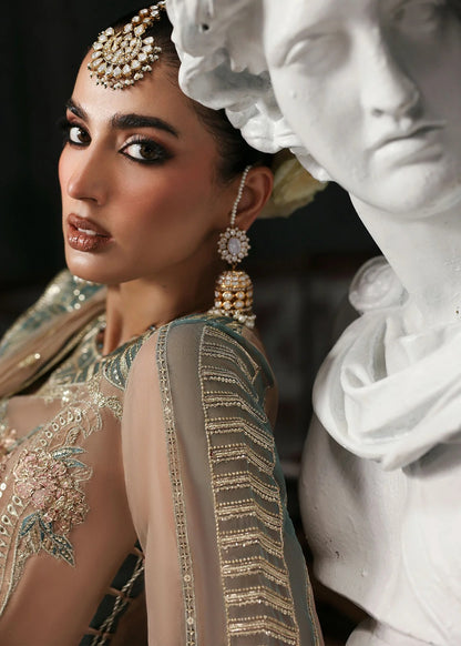 Elegant pale pink organza suit with dori work panels, applique neckline, embroidered dupatta, and raw silk trouser — perfect for festive occasions.