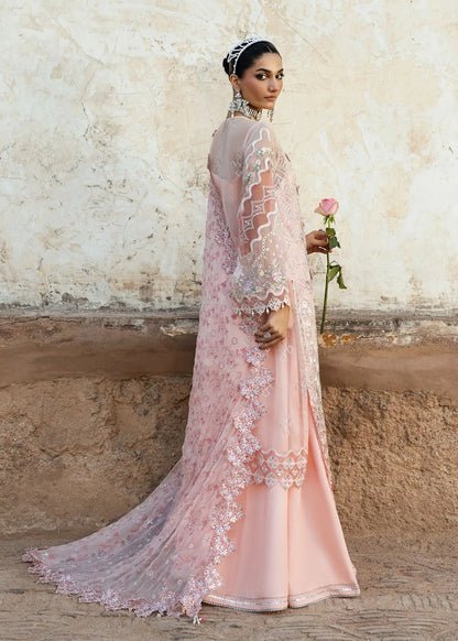 Luxury chiffon suit with 3D embellished front, organza cutwork borders, embroidered chiffon dupatta, and raw silk trouser — perfect for weddings & parties.