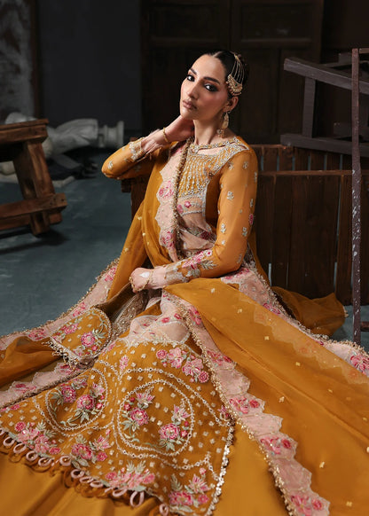Chic mustard organza suit with applique front, embroidered neckline, dupatta with 4-side border, and raw silk trouser — perfect for festive wear.