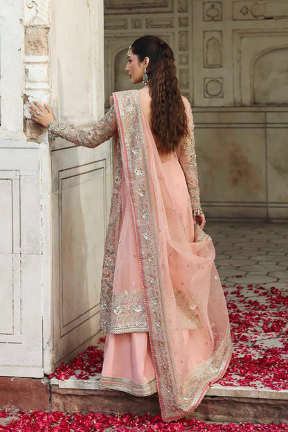 Elegant organza outfit with hand-embellished panels, embroidered sleeves, dupatta, and raw silk trouser. A perfect blend of grace and luxury.