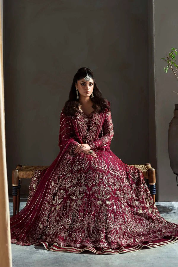 Graceful chiffon dress featuring 12" embroidered panels, elegant sleeves, and organza borders, paired with a matching dupatta and soft raw silk inner.