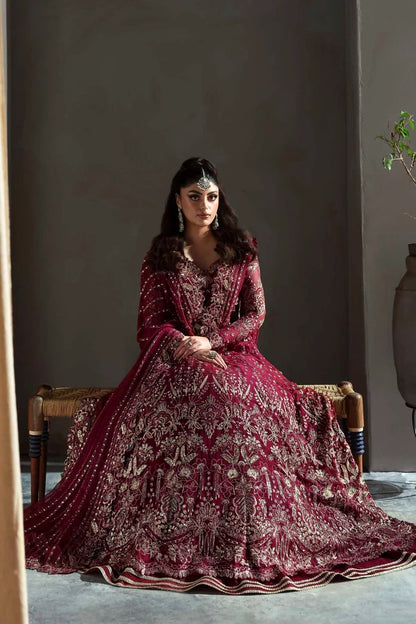 Graceful chiffon dress featuring 12" embroidered panels, elegant sleeves, and organza borders, paired with a matching dupatta and soft raw silk inner.