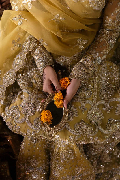 Stunning organza lehenga with embellished panels, blouse, sleeves, dupatta & borders, paired with raw silk inner—crafted for elegance and luxury.