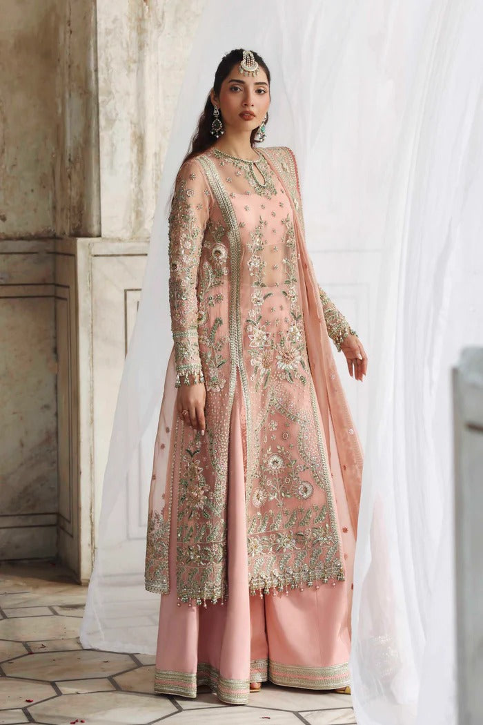 Elegant organza outfit with hand-embellished panels, embroidered sleeves, dupatta, and raw silk trouser. A perfect blend of grace and luxury.