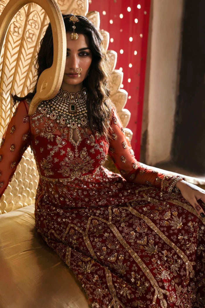 Elegant net dress with hand-embellished panels, blouse, sleeves & dupatta, paired with raw silk inner—crafted for refined beauty and timeless charm.