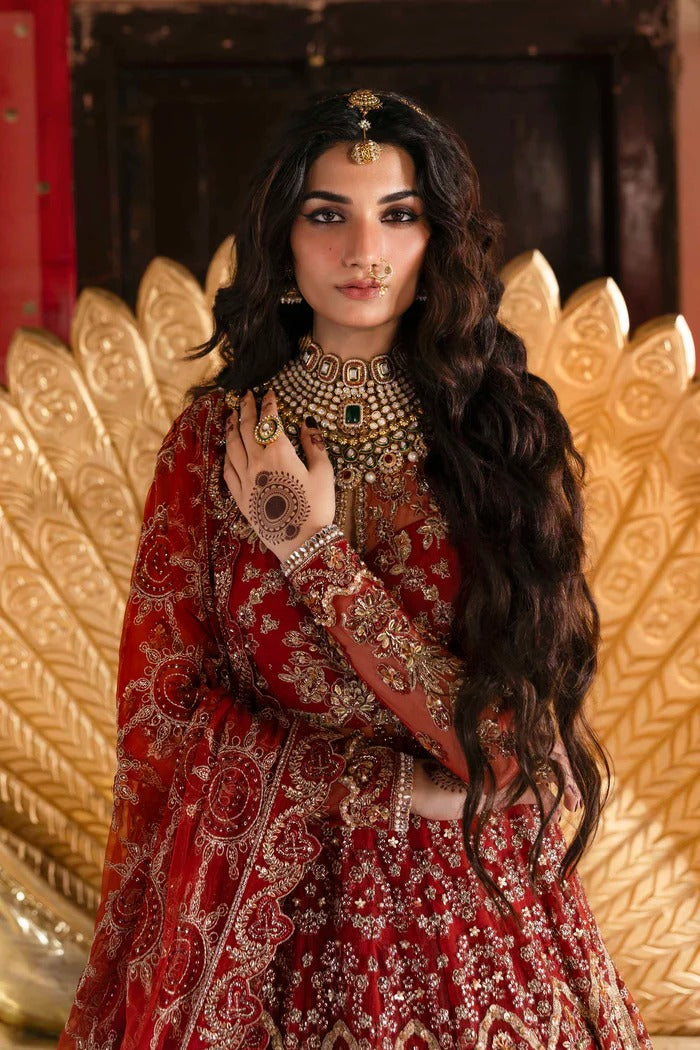 Elegant net dress with hand-embellished panels, blouse, sleeves & dupatta, paired with raw silk inner—crafted for refined beauty and timeless charm.