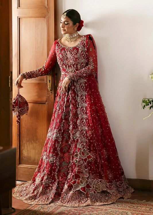 Regal crimson lehenga with hand-embellished panels, ornate borders, embroidered dupatta, and net body—perfect for festive and wedding elegance.